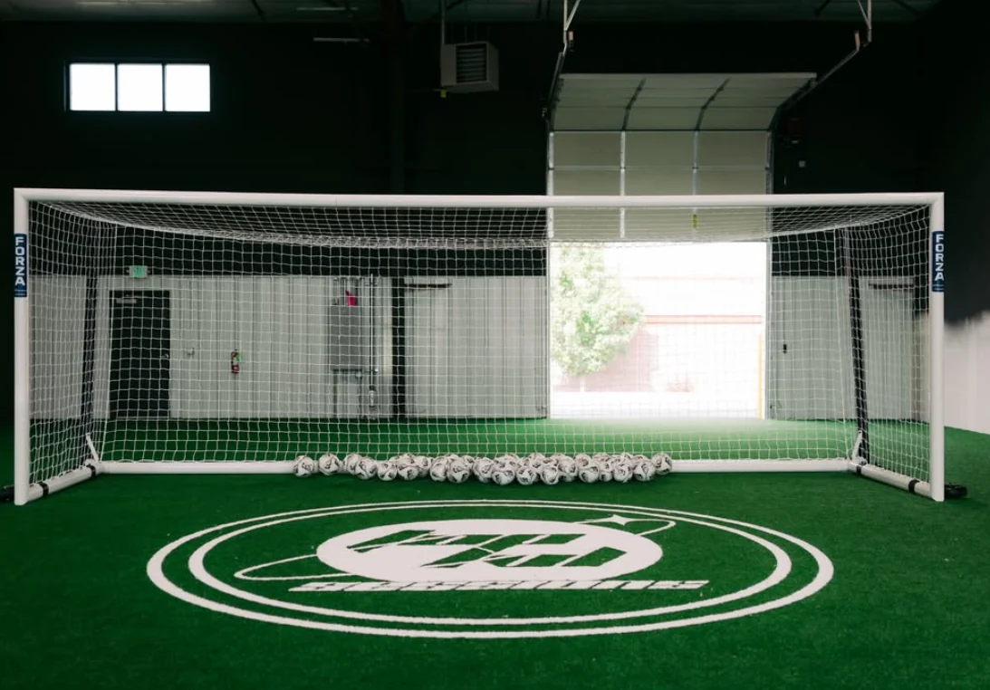 Forza soccer goal, soccer balls and THE90 mark on the indoor turf